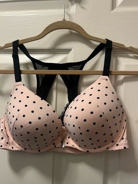 Cacique Snap Front Pink Black Polka Dot Racerback Push Up Bra Womens Plus SZ 40C